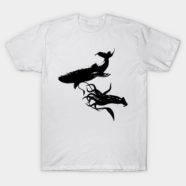 Whale and squid T-Shirt by OneRedFox